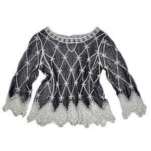 Whimsigoth Top Sz.L Black Mesh Embroidered Sheer Dark Romantic Witchy Goth